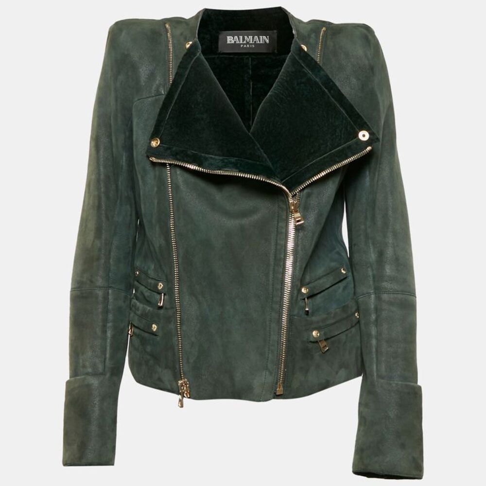 Balmain Green Suede Shearling Biker Jacket L